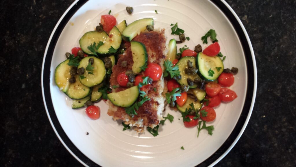 Crispy Halibut With Zucchini Sauté