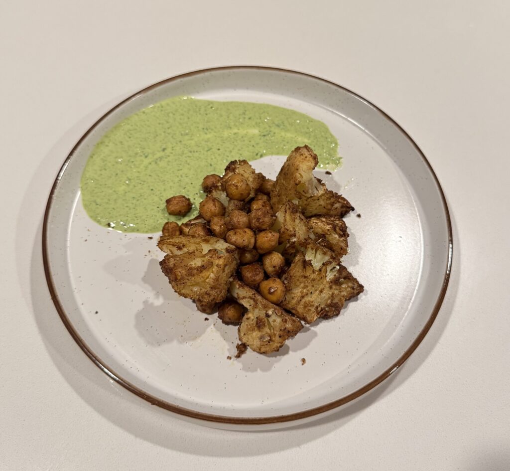 Spicy Cauliflower & Chickpeas with Herby Tahini Green Sauce